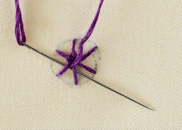 Pass the needle under the third, and the fourth spoke