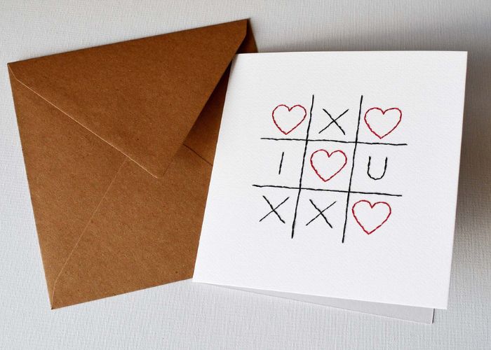 Valentines day card embroidery on paper XOXO