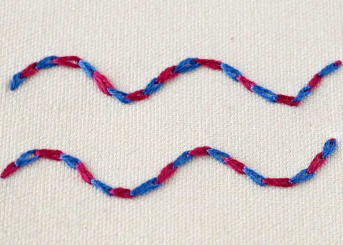 Magischer Kettenstich, gestickt mit rosa und blauer Seide